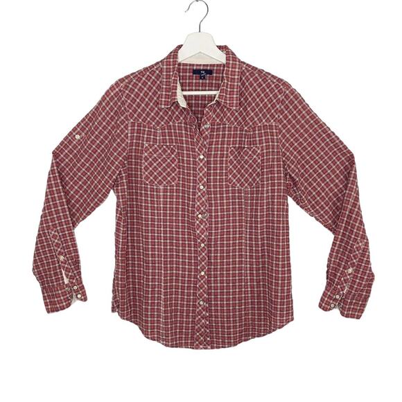 Gap Shirt Womens XL Red Snap Front Plaid Tab Sleeve Seer Sucker Stretch Cowgirl - Picture 1 of 7